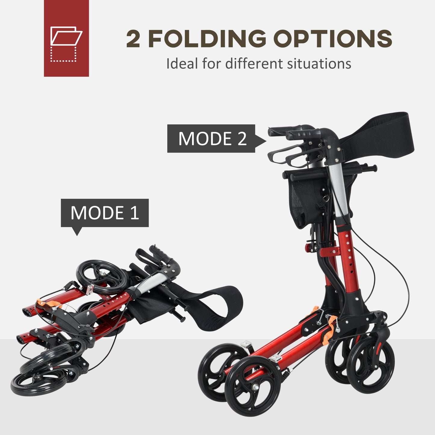 HOMCOM Folding Rollator Walker with 6 Adjustable Handle Height for People with Limited Mobility, Red