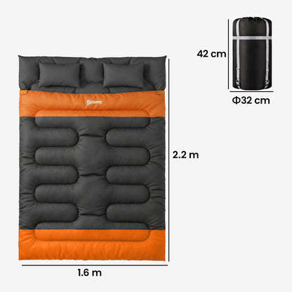 Outsunny Double Sleeping Bag with 2 Pillows, 220 x 160 cm Extra-Large Sleeping Bag for Adults, Grey and Orange
