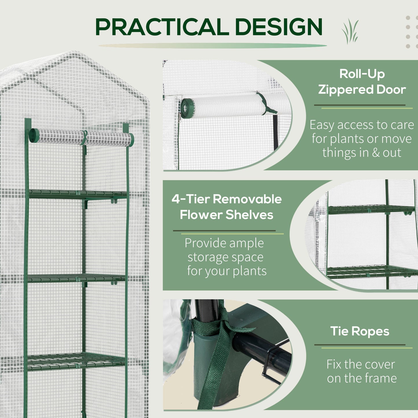 Outsunny 4 Tier Mini Greenhouse, Portable Compact Green House with Steel Frame, PE Cover, Roll-up Door, 70 x 50 x 160 cm, White
