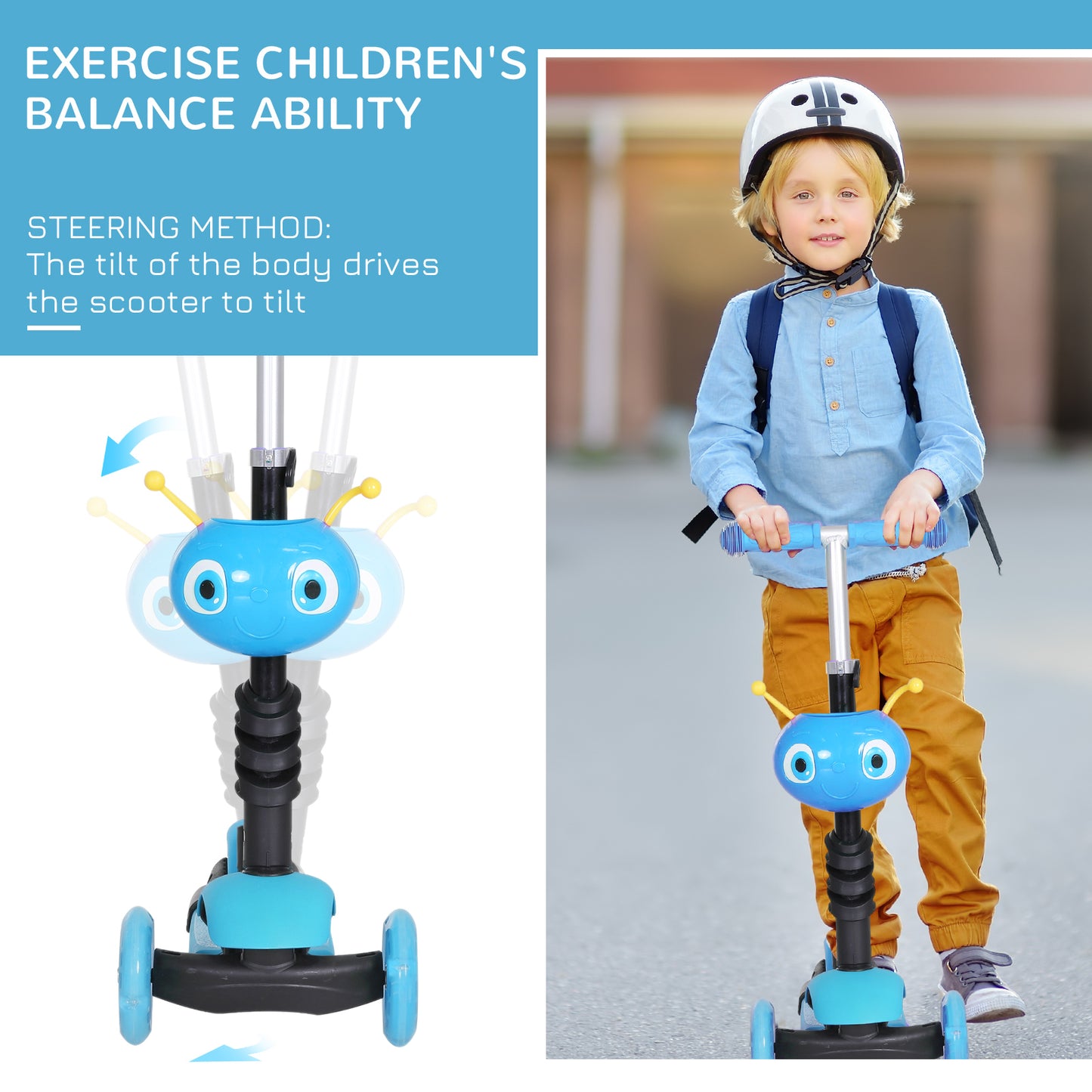 HOMCOM Adjustable Kids Toddler Scooter, with Removable Seat, Back Handle, Blue