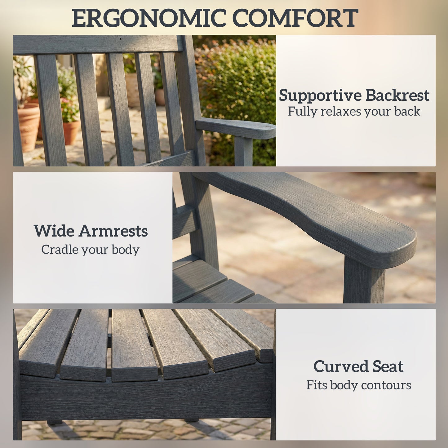 Outsunny 2 Seater Plastic Garden Bench, Outdoor Patio Bench with Armrest and Backrest, Weatherproof Outdoor Furniture for Balcony