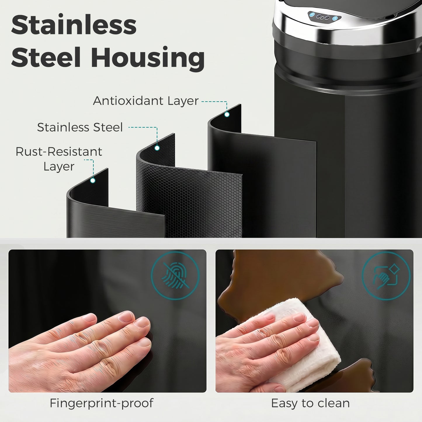HOMCOM 42L Sensor Bin, Automatic Touchless Rubbish Bin with Soft-Close Lid, Fingerprint Resistant Stainless Steel for Kitchen, Home Office, Recycling and Waste, Black
