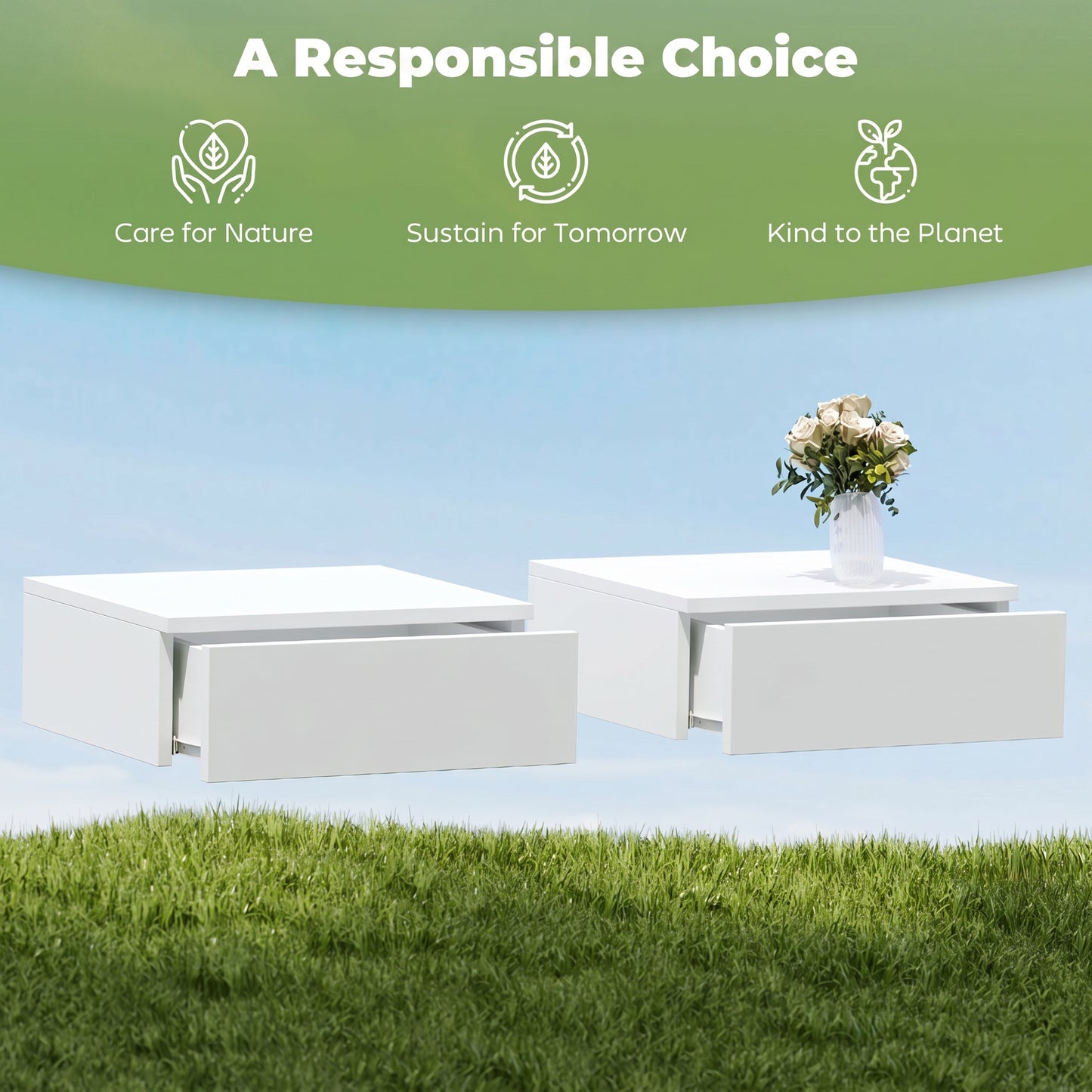 HOMCOM Floating Bedside Table Set of 2, Wall-Mounted Nightstand with High Gloss Finish & Storage Drawer, White