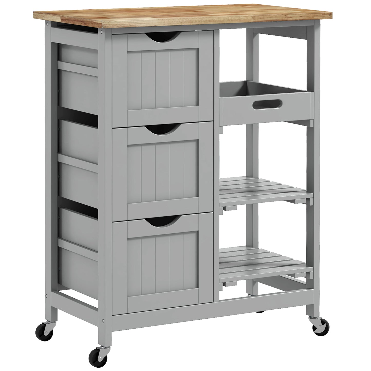 HOMCOM Rolling Kitchen Island Cart, Bar Serving Cart, Compact Trolley on Wheels with Wood Top, Shelves & Drawers, Grey