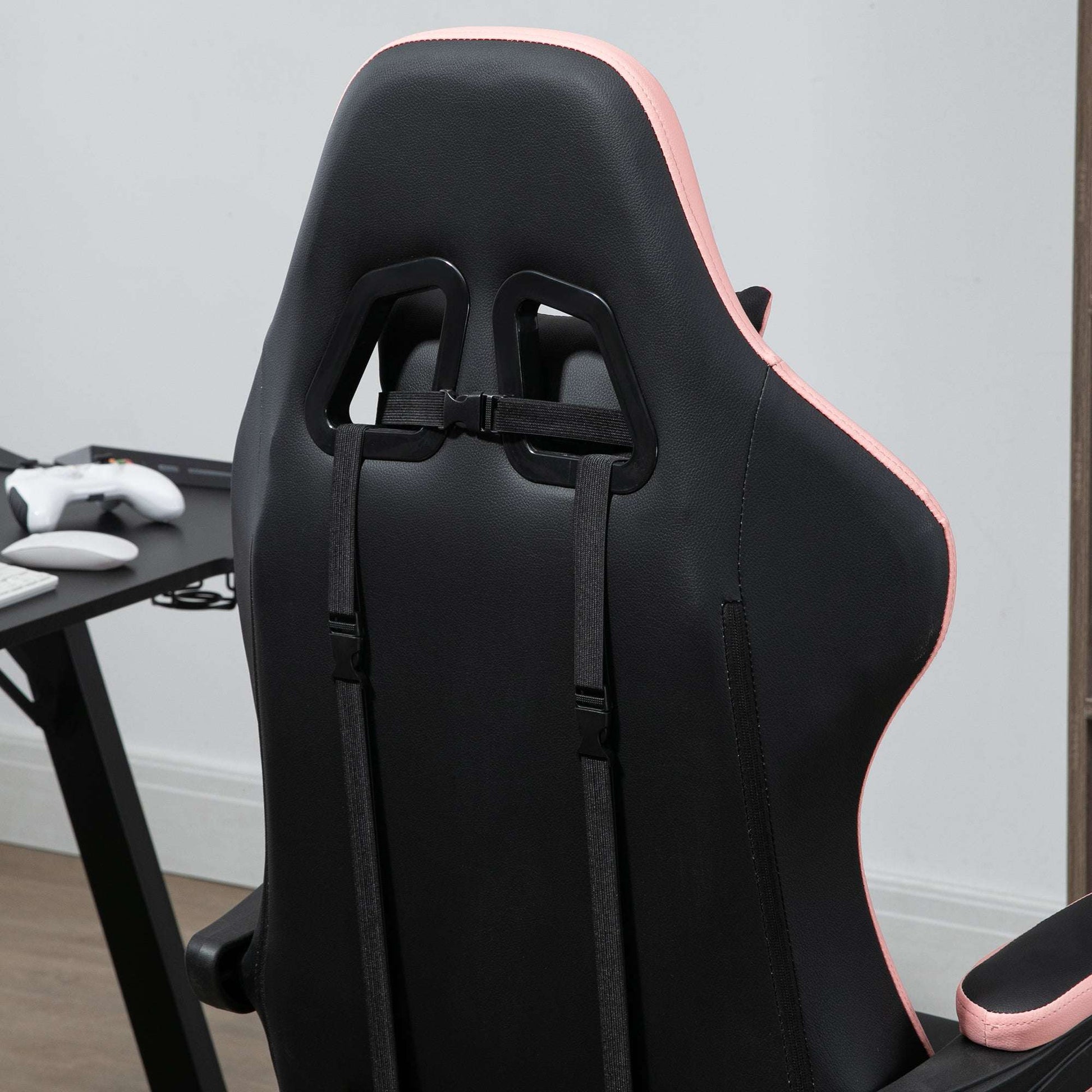 Vinsetto Computer Gaming Chair, PU Leather Office Desk Chair with Footrest, Swivel Wheels, 135° Reclining Back, Lumbar Support, Headrest for Home, Black and Pink