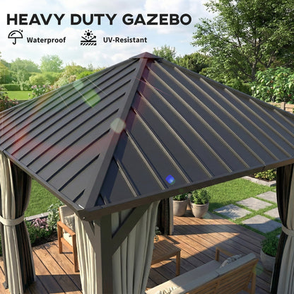 Outsunny 3 x 3(m) Hardtop Gazebo with Galvanised Steel Roof and Water Gutter, Waterproof Permanent Pavilion Garden Gazebo with Netting and Curtains for Patio, Deck, Black